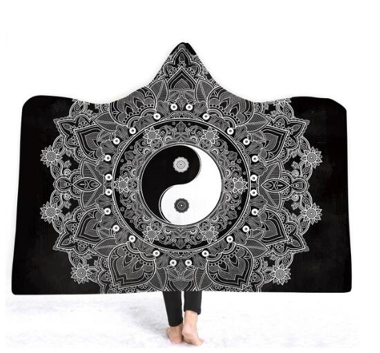 Boho Mandala Plush Wearable Hooded Blankets 2 Layer Blankets Cloak Throw Blankets