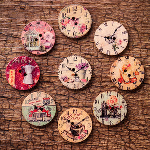 50PCS 25MM 2 Holes Decorative Clock Pattern Log Painted Round Shape Fasteners Buttons for Crafts Sewing Scrapbooking