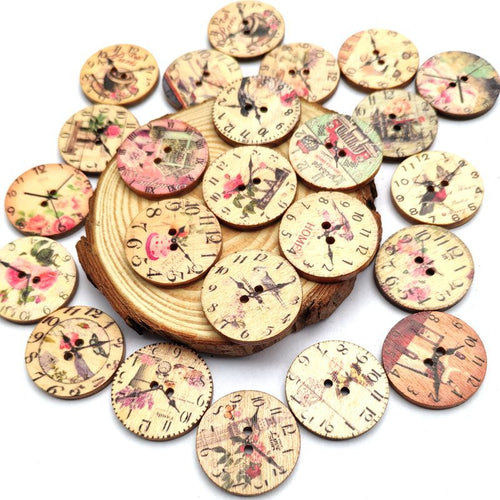 50PCS 25MM 2 Holes Decorative Clock Pattern Log Painted Round Shape Fasteners Buttons for Crafts Sewing Scrapbooking
