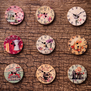 50PCS 25MM 2 Holes Decorative Clock Pattern Log Painted Round Shape Fasteners Buttons for Crafts Sewing Scrapbooking