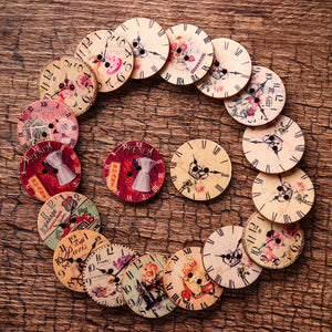 50PCS 25MM 2 Holes Decorative Clock Pattern Log Painted Round Shape Fasteners Buttons for Crafts Sewing Scrapbooking
