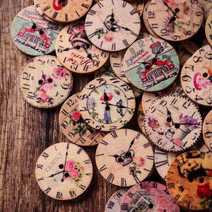 50PCS 25MM 2 Holes Decorative Clock Pattern Log Painted Round Shape Fasteners Buttons for Crafts Sewing Scrapbooking