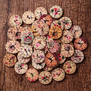 50PCS 25MM 2 Holes Decorative Clock Pattern Log Painted Round Shape Fasteners Buttons for Crafts Sewing Scrapbooking