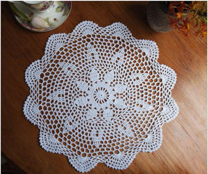 37cm Round White Pure Cotton Yarn Hand Crochet Lace Doily Placemat Tablecloth Decor