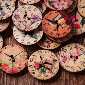 50PCS 25MM 2 Holes Decorative Clock Pattern Log Painted Round Shape Fasteners Buttons for Crafts Sewing Scrapbooking